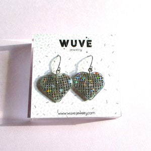 Discoball Heart Earrings - Holographic Silver - Small Version