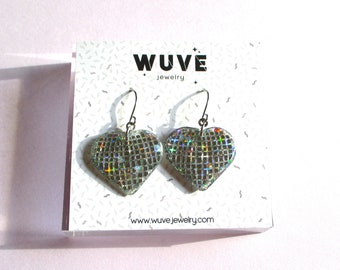 Discoball Heart Earrings - Holographic Silver - Small Version