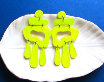 Neon Yellow Statement Earrings - Handmade -  Specialty Paint with Unique Patterns