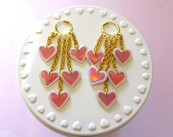 Holographic Heart Huggie Hoop Earrings - Pink and White