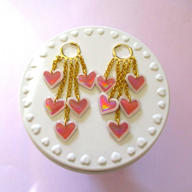 Holographic Heart Huggie Hoop Earrings Pink and White image 1