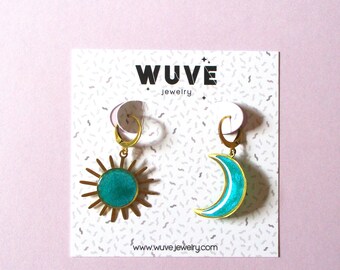 Mismatched Sun and Moon Resin and Brass Earrings - Aqua