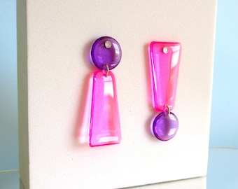 Mismatched Earrings // Clear Tinted Purple and Pink // Exclamation Point Earrings // Bold Statement Jewelry