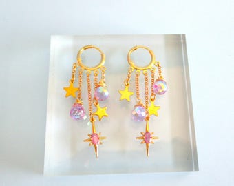 Star Charm Earrings, Purple Iridescent Suncatcher Huggie Hoop Earrings
