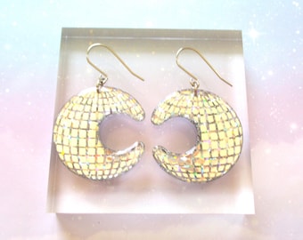 Discoball Crescent Moon Earrings - Holographic Silver Moon
