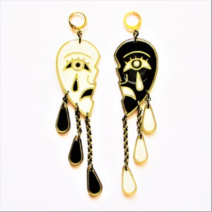 Black and White Sad Crying Face Dangly Earrings