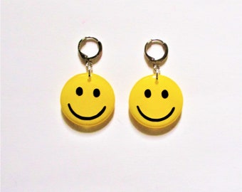 Classic Yellow Smiley Face Huggie Hoop Earrings