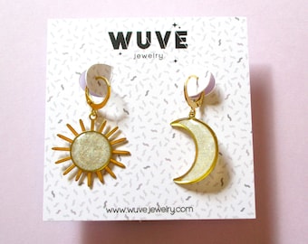 Mismatched Sun and Moon Resin and Brass Earrings - White