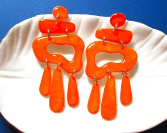 Neon Orange Statement Earrings - Handmade