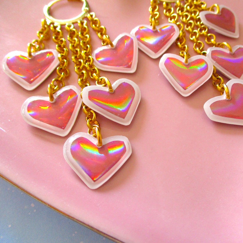 Holographic Heart Huggie Hoop Earrings Pink and White image 5
