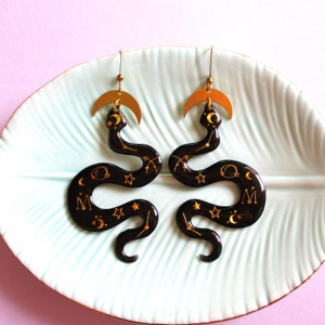 Celestial Snake Earrings - Black with Brass Moons