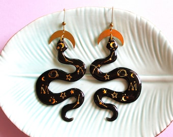 Celestial Snake Earrings - Black with Brass Moons