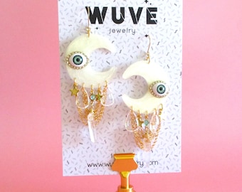 Handmade Eyeball Moon Earrings for Gothic & Horror Aesthetics, Weird Earrings, Whimsical Surrealist