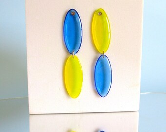 Clear Tinted Yellow and Blue Double Oval Geometric Stud Dangle Earrings
