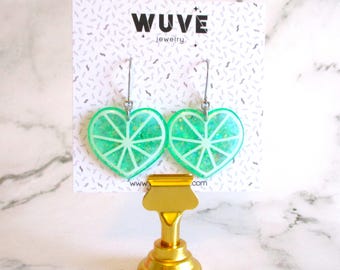 Lime Fruit Earrings - Citrus Glittery Heart Earrings