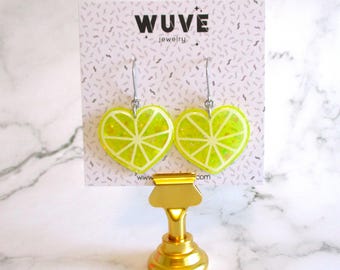Lemon Fruit Earrings - Citrus Glittery Heart Earrings