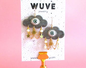 Handmade Eyeball Cloud Earrings for Gothic & Horror Aesthetics, Weird Earrings, Whimsical Surrealist