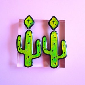 Holographic Green Saguaro Cactus Earrings