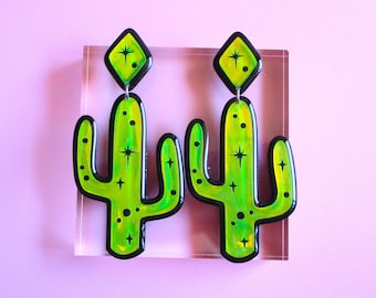 Holographic Green Saguaro Cactus Earrings
