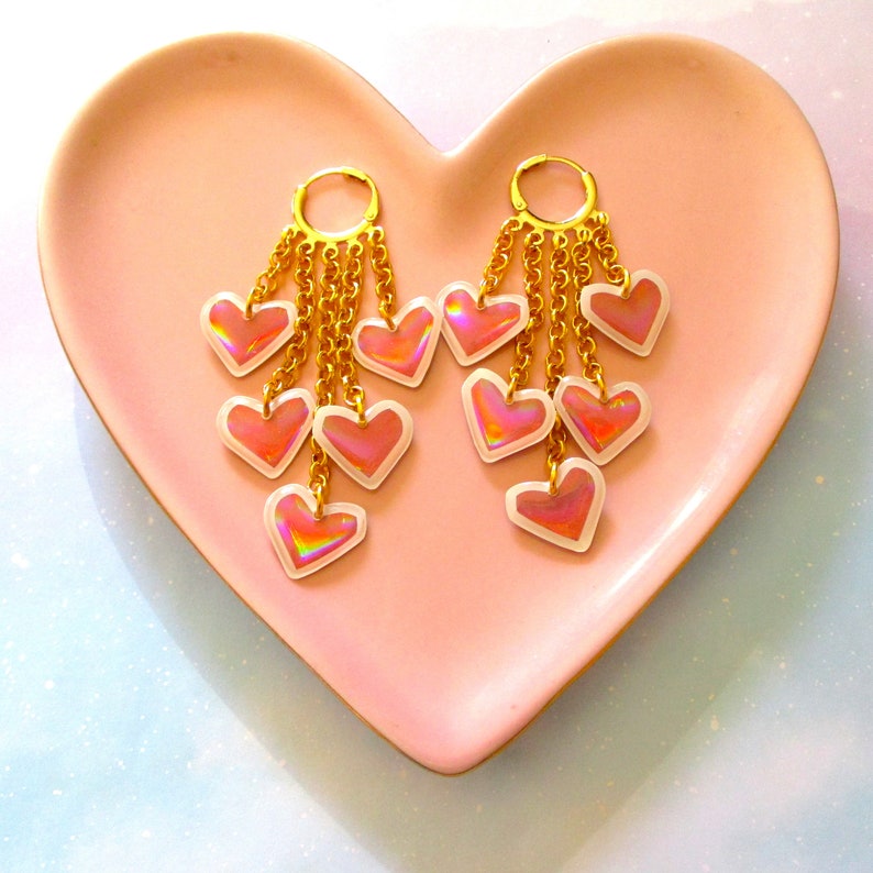 Holographic Heart Huggie Hoop Earrings Pink and White image 4