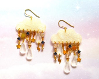 Pendientes colgantes de nube de resina hechos a mano: gotas de lluvia con detalles dorados