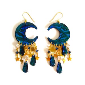 Handmade Celestial Moon Dangle Earrings: Blue Resin Statement Jewelry