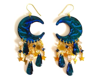 Handmade Celestial Moon Dangle Earrings: Blue Resin Statement Jewelry