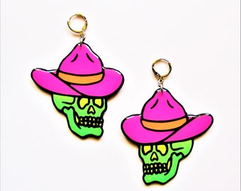Neon Pink Cowboy Dangle Earrings - Skeleton Cowboy - Neon Nights Collection