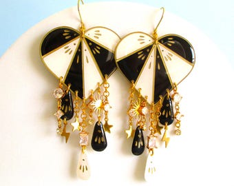 Sacred Heart Dangle Earrings - Handpainted - Black and White