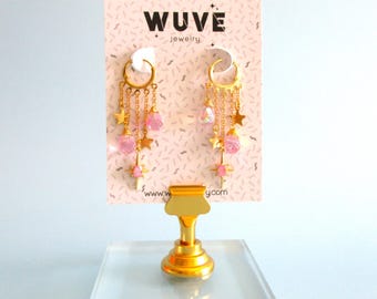 Star Charm Earrings, Pink Iridescent Suncatcher Huggie Hoop Earrings
