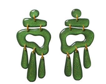 Green Statement Earrings - Handmade -  Specialty Paint with Unique Patterns