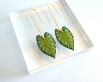 Leaf Earrings, Plant Jewelry, Heart of Jesus Leaf Earrings. Angel Wings, Caladium, Elephant Ears