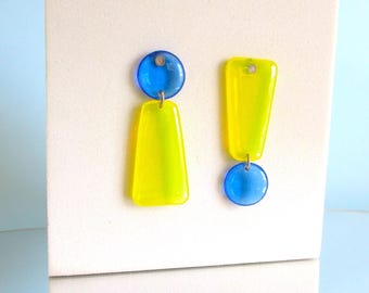 Mismatched Earrings // Clear Tinted Yellow and Blue // Exclamation Point Earrings // Bold Statement Jewelry