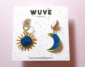 Mismatched Sun and Moon Resin and Brass Earrings - Blue