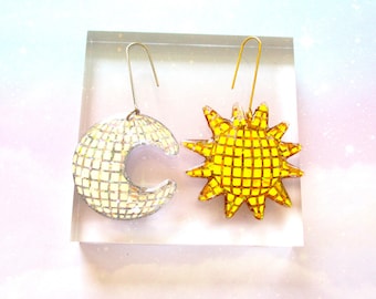 Discoball Sun and Moon Earrings - Holographic Silver Moon - Holographic Gold Moon