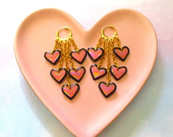 Holographic Heart Huggie Hoop Earrings - Pink and Black