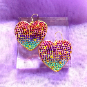 Discoball Heart Earrings - Holographic Rainbow Gold