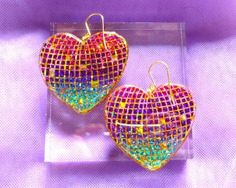 Discoball Heart Earrings - Holographic Rainbow Gold