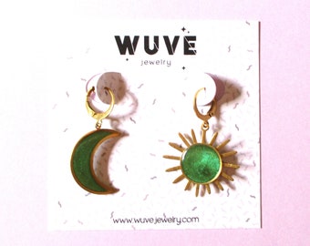 Mismatched Sun and Moon Resin and Brass Earrings - Green