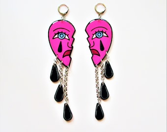 Pink Sad Crying Face Dangly Earrings