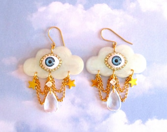 Handmade Eyeball Cloud Earrings for Gothic & Horror Aesthetics, Weird Earrings, Whimsical Surrealist