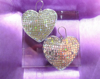Discoball Heart Earrings - Holographic Silver