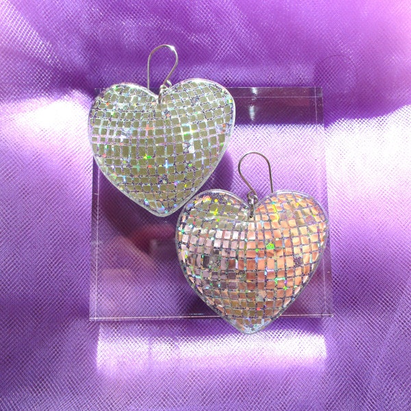 Discoball Heart Earrings - Holographic Silver