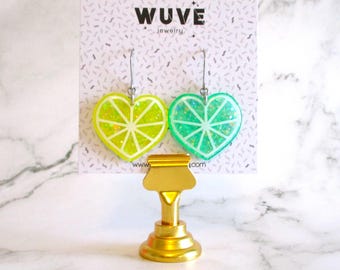 Lemon Lime Fruit Earrings - Citrus Glittery Heart Earrings