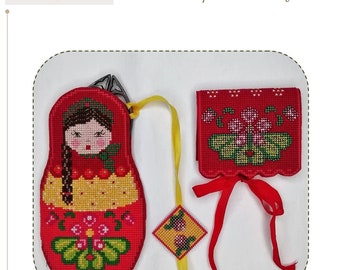 Aziliz Creation: Matryoshka - Cross stitch embroidery pattern and beads on perforated cardboard, scissor case and its jewel and needle holder