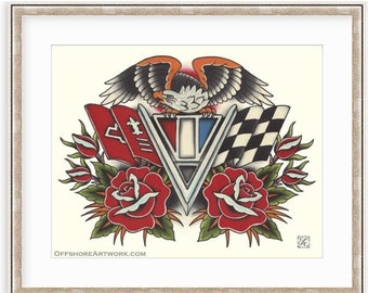 Chevy Badge 11"x14" Giclee Print. Muscle Car & Hot Rod Watercolor Art. Chevrolet Corvette. Rose Tattoo Flash. Coupe. V8. Chevy Racing Logo.