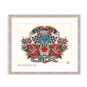 May include: A vintage-style illustration of a car part with a red, white, and blue color scheme. The part is surrounded by red roses and a flying eagle. The text "GTX" is below the part.