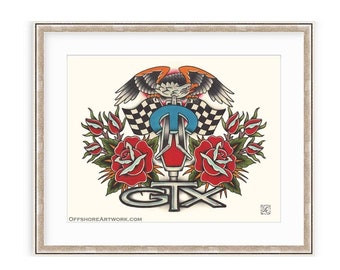 GTX Plymouth Belvedere & Mopar 11"x14" Giclee Print. Muscle Car and Hot Rod Watercolor Art. Rose Tattoo Flash. Bald Eagle.  440 426 Hemi.