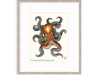 Great Pacific Octopus 11"x14" Giclee Print Of A Watercolor Painting. Nautical Artwork of a Cephalopod. Deep Sea Monster. Tattoo Tentacles.