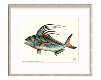 Roosterfish 11"x14" Giclee Print Of A Watercolor Painting. Fishing Print For The Angler.  Pez Gallo Art.